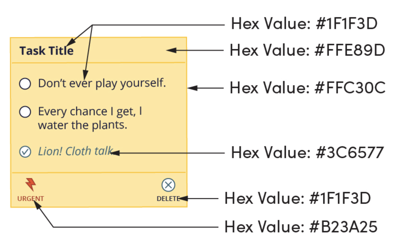 One section of To Do List application, arrows pointing to each section to notate size and colors.