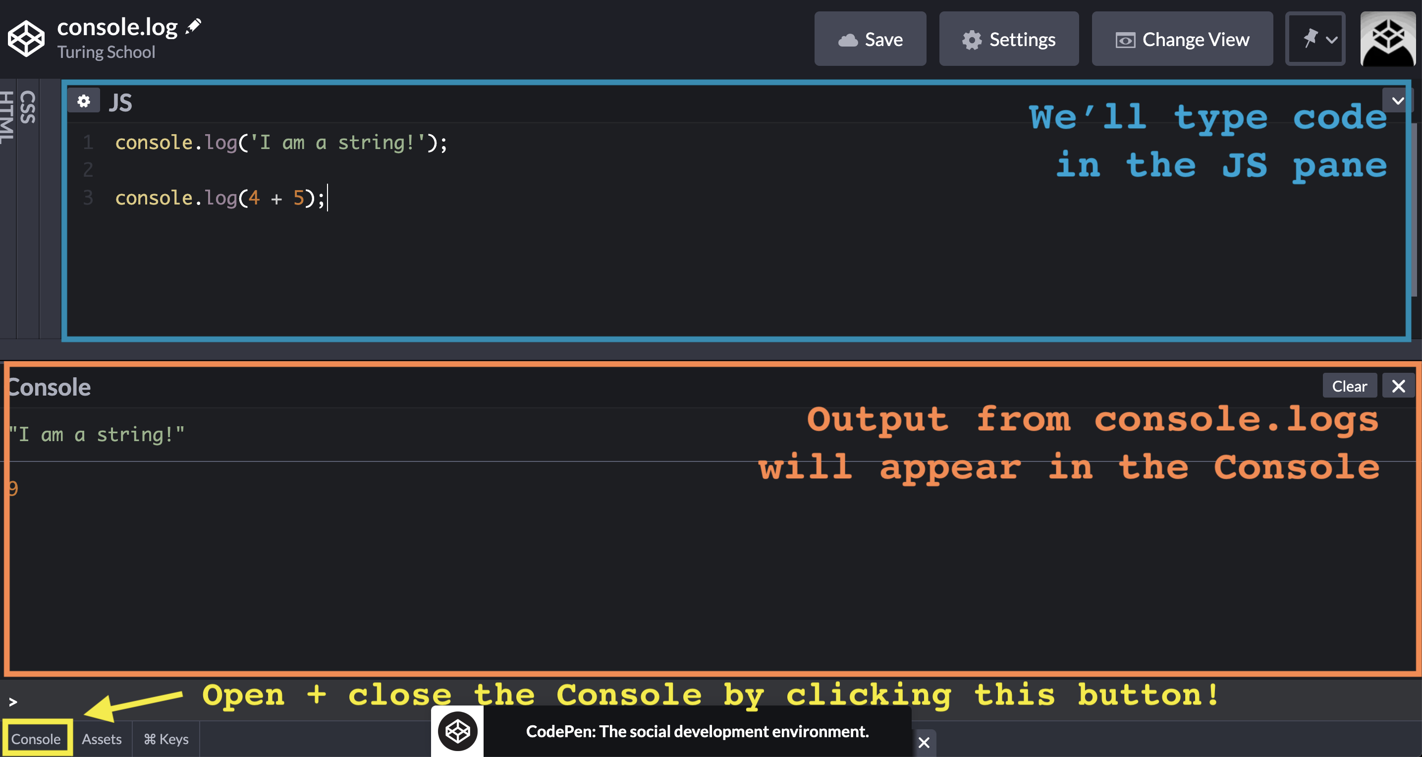 screen shot of CodePen and arrow pointing to 'open console' button