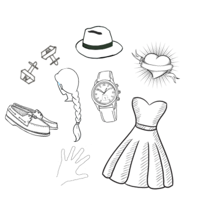 Various accessories including a hat, dress, shoes, and hair