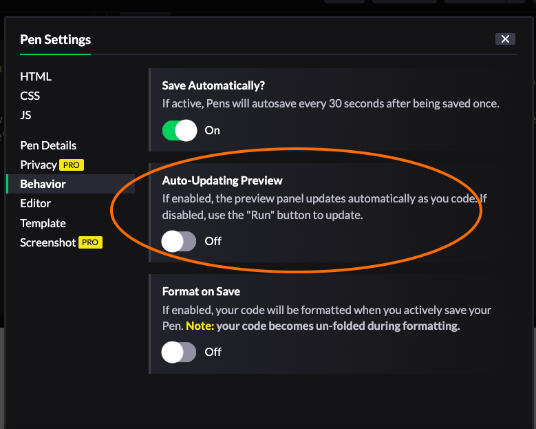 Screenshot showing that the Auto-Updating Preview setting is turned off