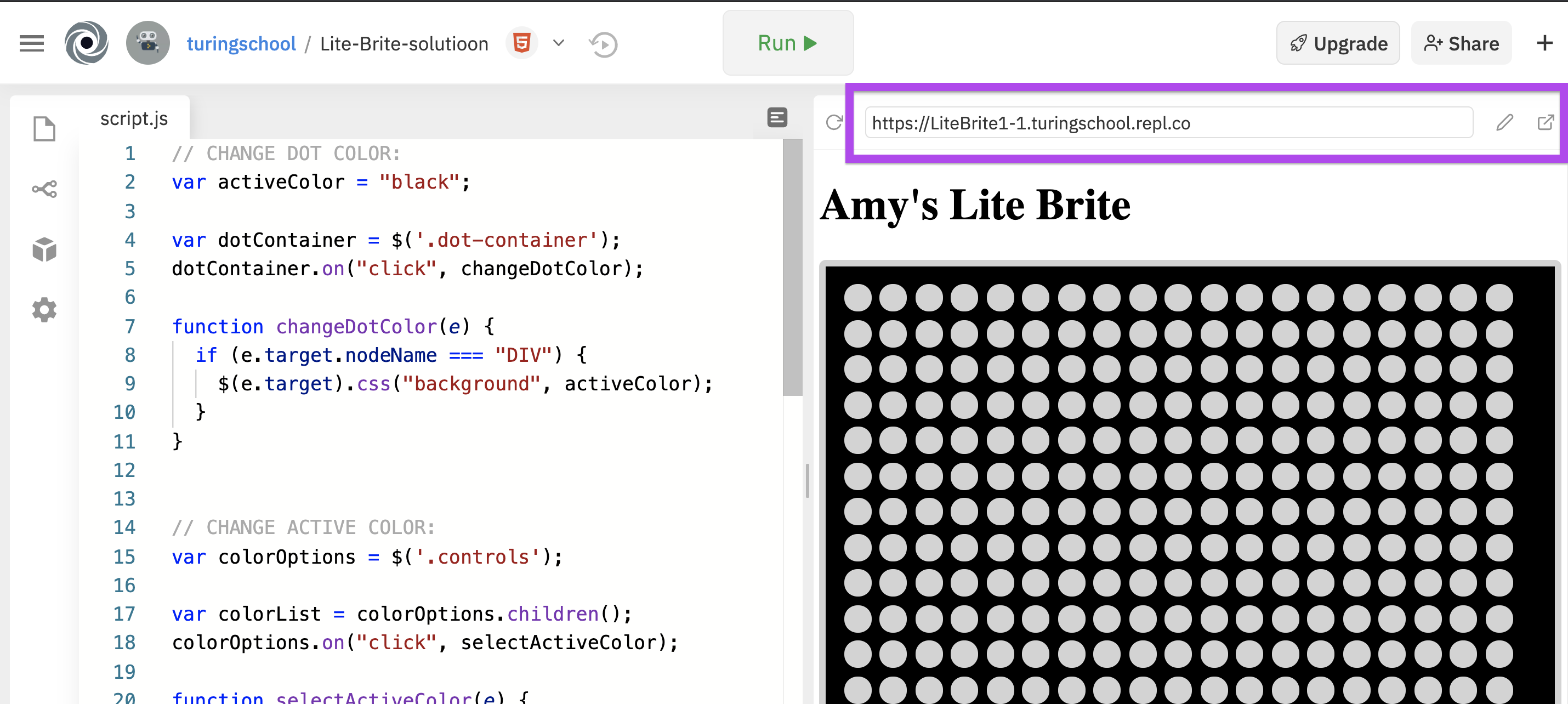 Screenshot of repl.it interface with box highlighting the URL to the live site page on far right/top