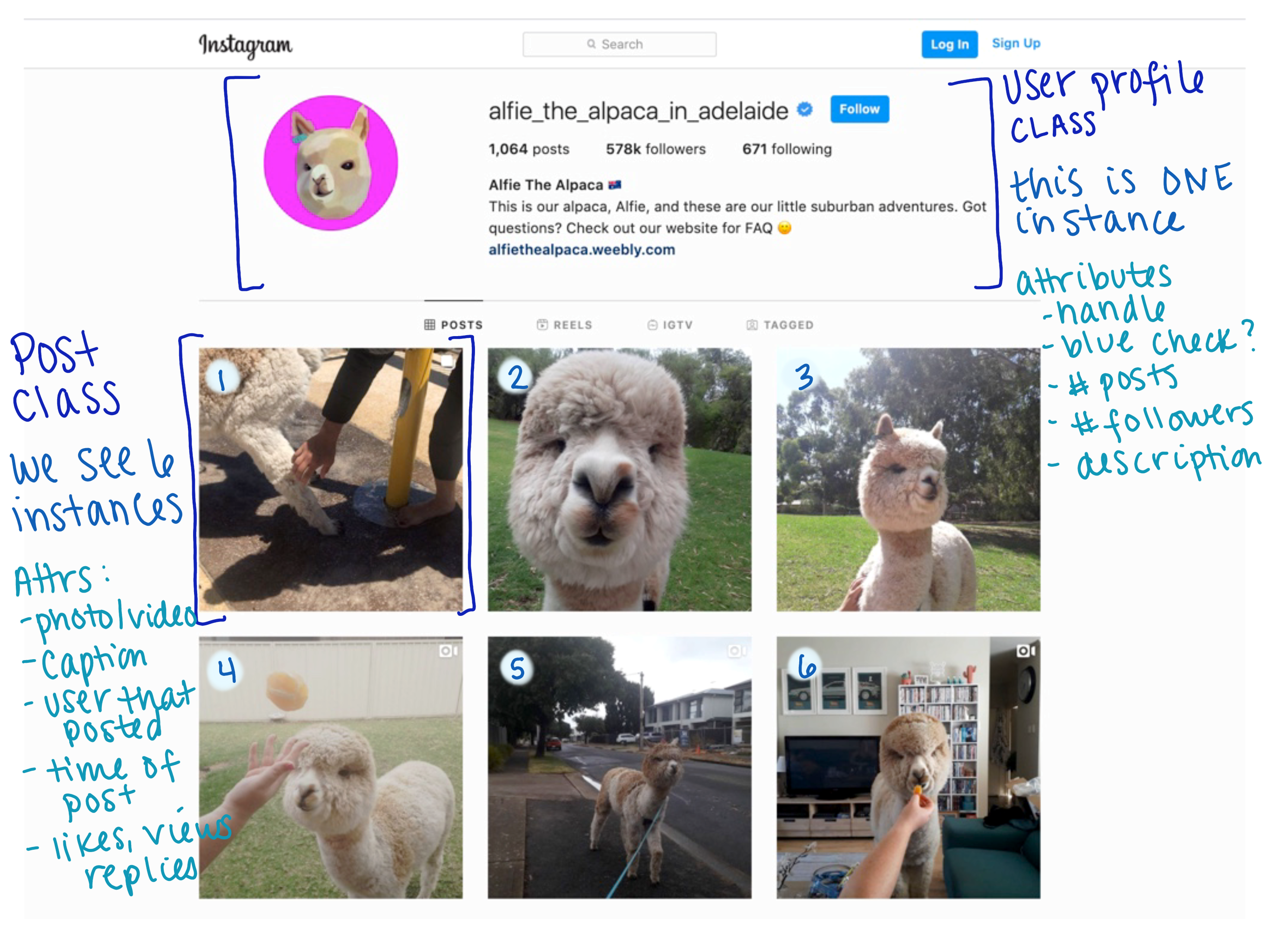 Instagram screenshot with annotations for user profile class and post class.