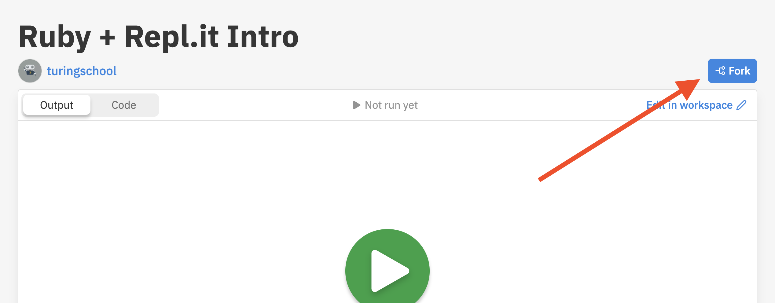 Screenshot of repl interface with arrow pointing to top right corner, fork button