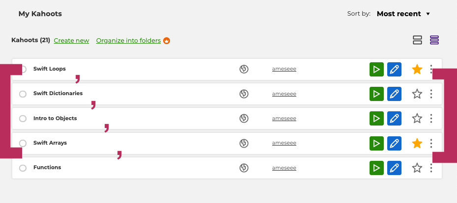 Screenshot of a close up of the Badge Count on Khan Academy user profile, showing 1, 0, 0, 2, 4, 102 badges. Before the first badge is an opening [ square bracket, and after the last is a ] closing angle bracket. Inbetween each badge sits a comma.