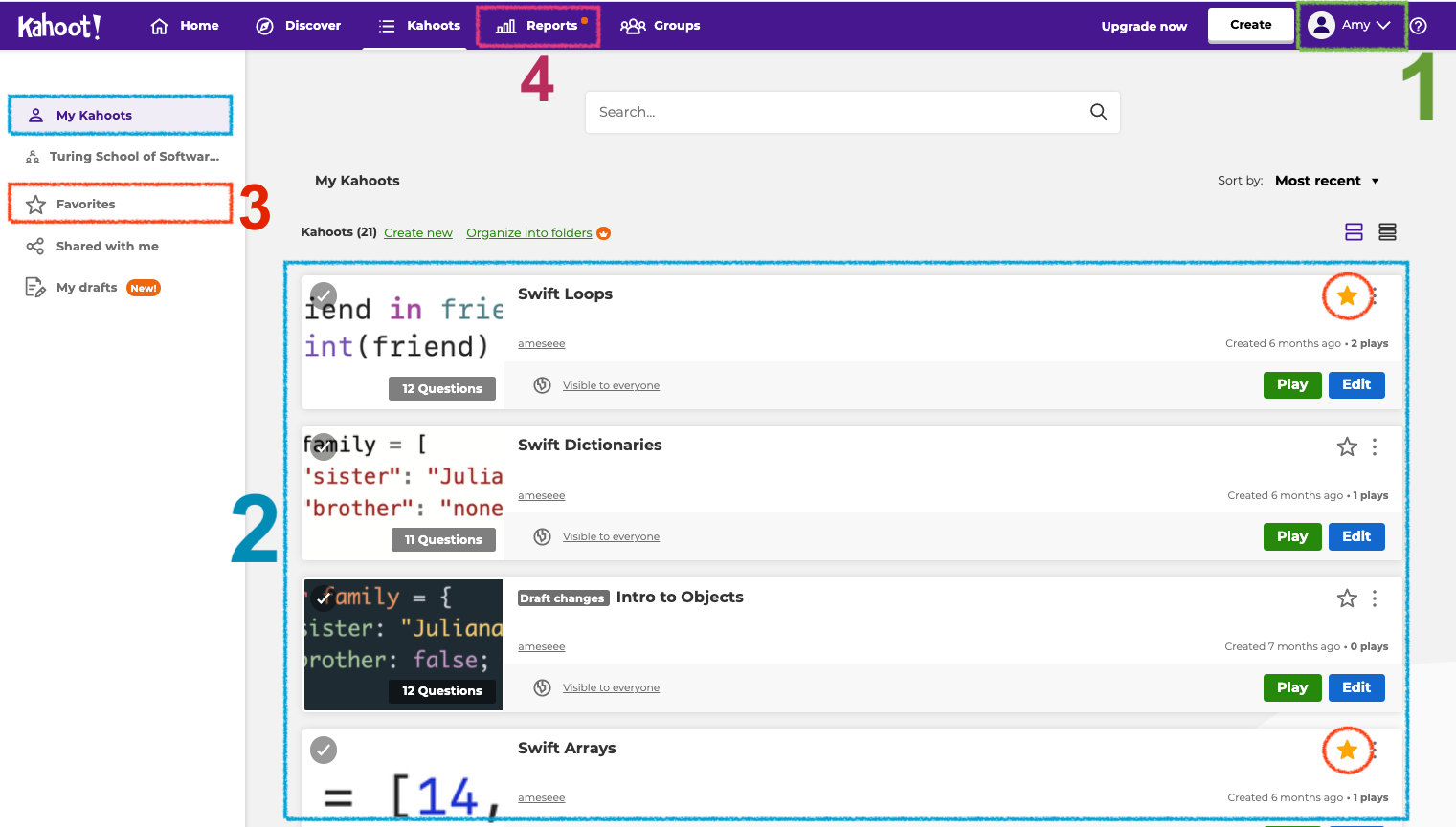 Kahoot screenshot with annotations for places a back end would play a role. 1 - username, 2 - all kahoots stored, 3 - favorited kahoots, 4 - reports